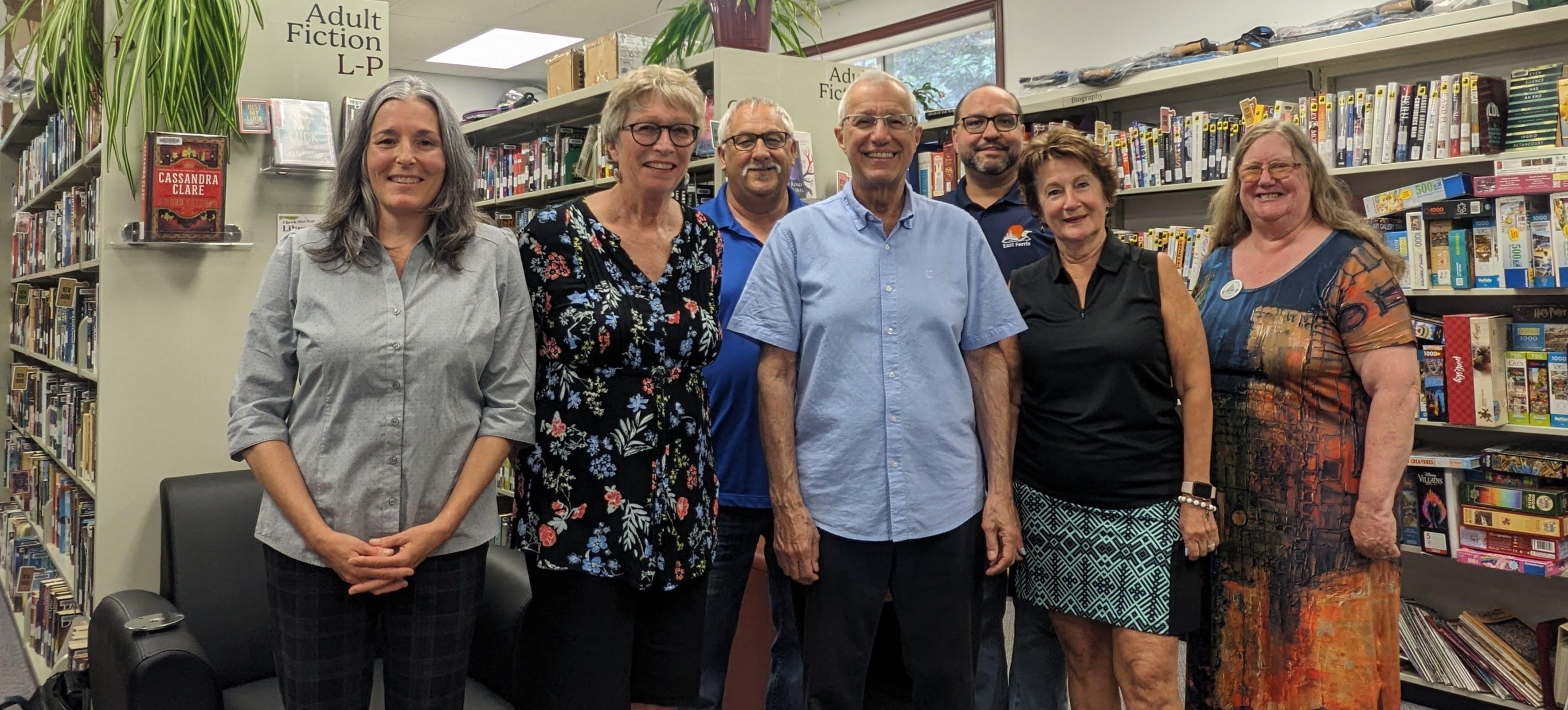 From left to right: East Ferris Public Library CEO Jennifer Laporte, Library Board member Christine Joly, Councillor Rick Champagne, MPP Vic Fedeli, East Ferris CAO Jason Trottier, Board member Donna St. Martin, and Board Chair Joyce Effinger.